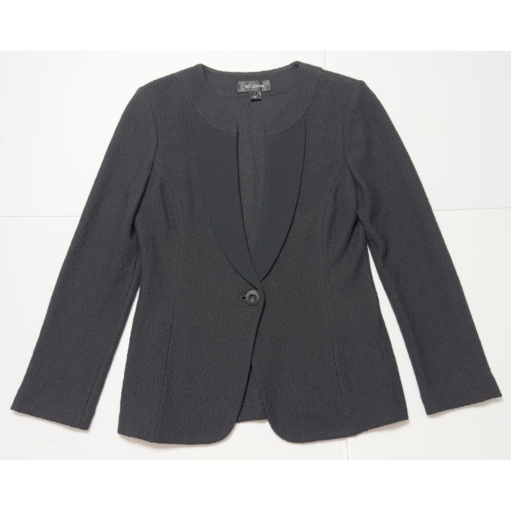 St. John Textured Knit One Button Blazer Jacket Satin Collar Sz 6 Designer USA - Picture 2 of 11